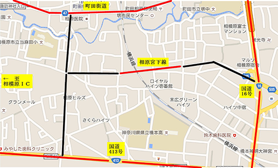 首都圏の郊外を結ぶ主要道路（国道１６号線）とターミナル駅（橋本駅）を擁する交通が集中する地域の地図